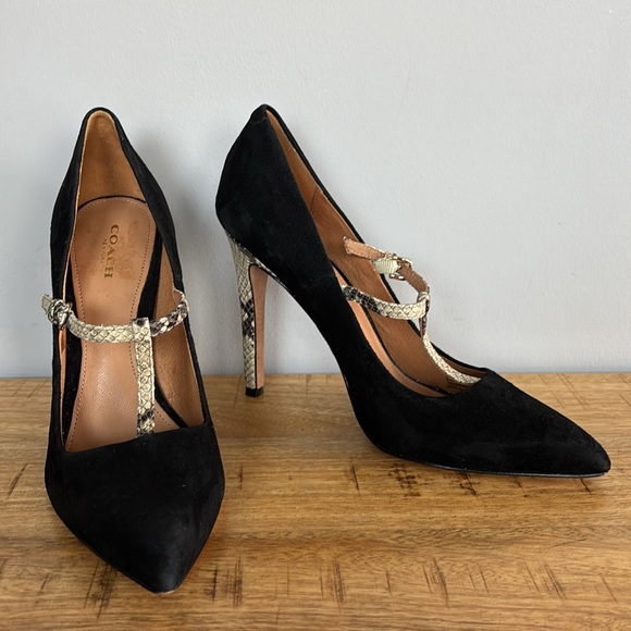 Coach Fulton Black Suede Snakeskin T-Strap Pointed Toe Stiletto Heels size 8.5 - Picture 9 of 9